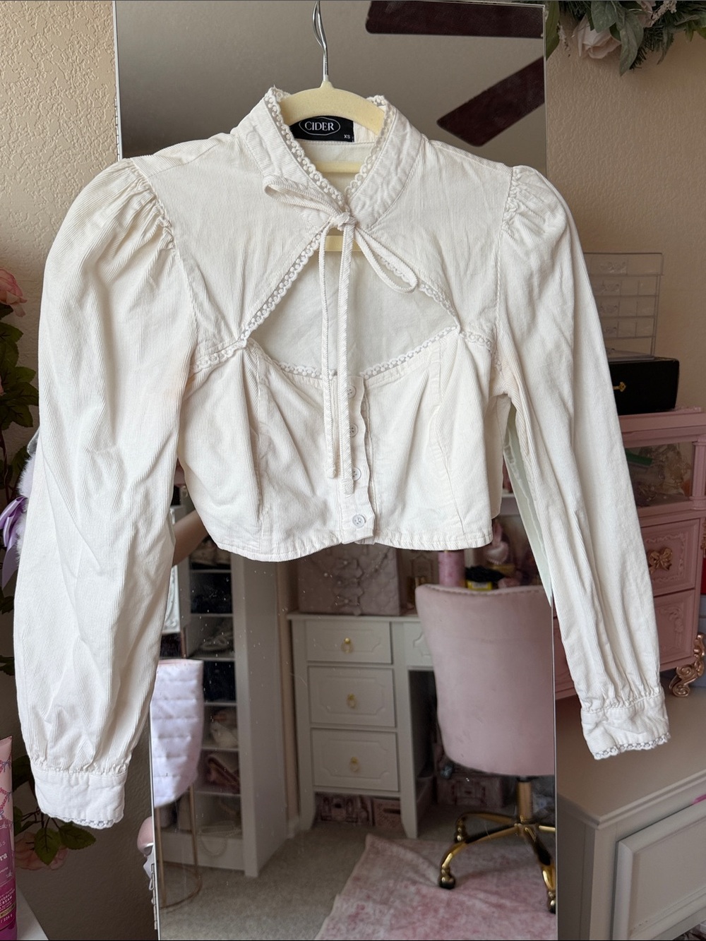 Cider Cream Lace-Trim Tie-Front Cropped Blouse